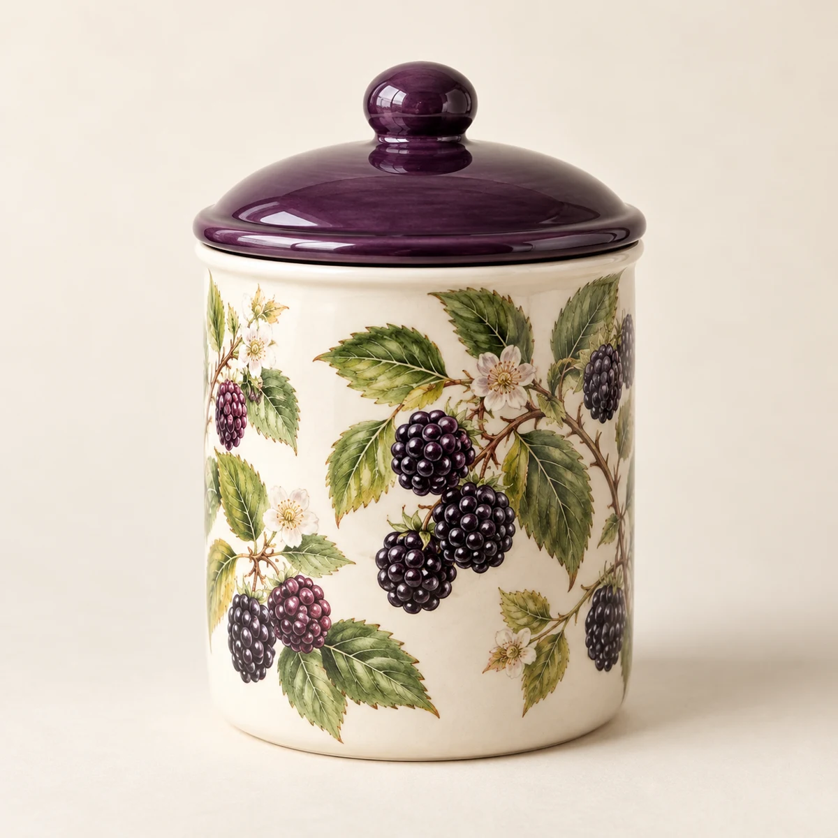 Blackberry Bramble: ivory, blackberries, purple lid